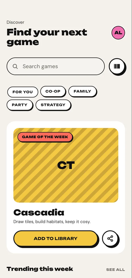 The Ludikeep home screen: a search bar, genre filters and a game of the week.