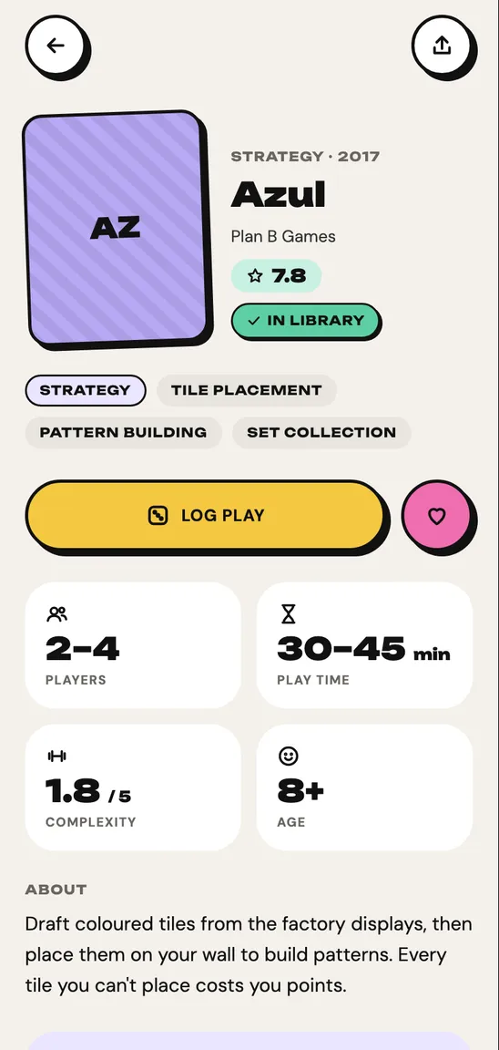 A game page for Azul with its rating, player count, play time and complexity.